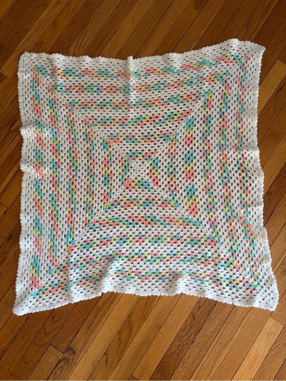 Handmade White Crochet Baby Blanket w. Pastel Accents. Baby Girl or Boy